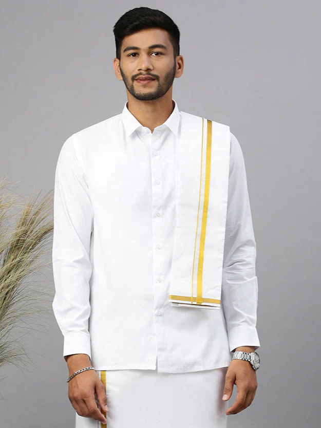 Men White Full Sleeves Shirt with 3/4'' inch Gold Jari Border Single Layer Dhoti & Towel Combo - Image 4