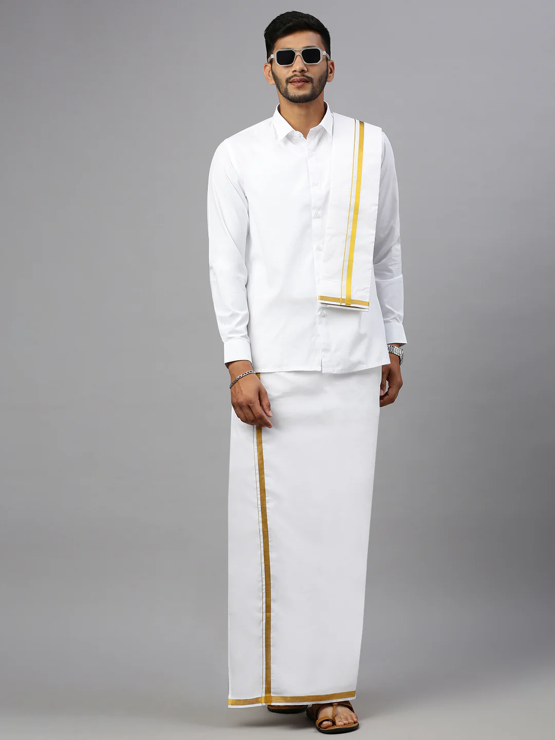 Men White Full Sleeves Shirt with 3/4'' inch Gold Jari Border Single Layer Dhoti & Towel Combo - Image 6