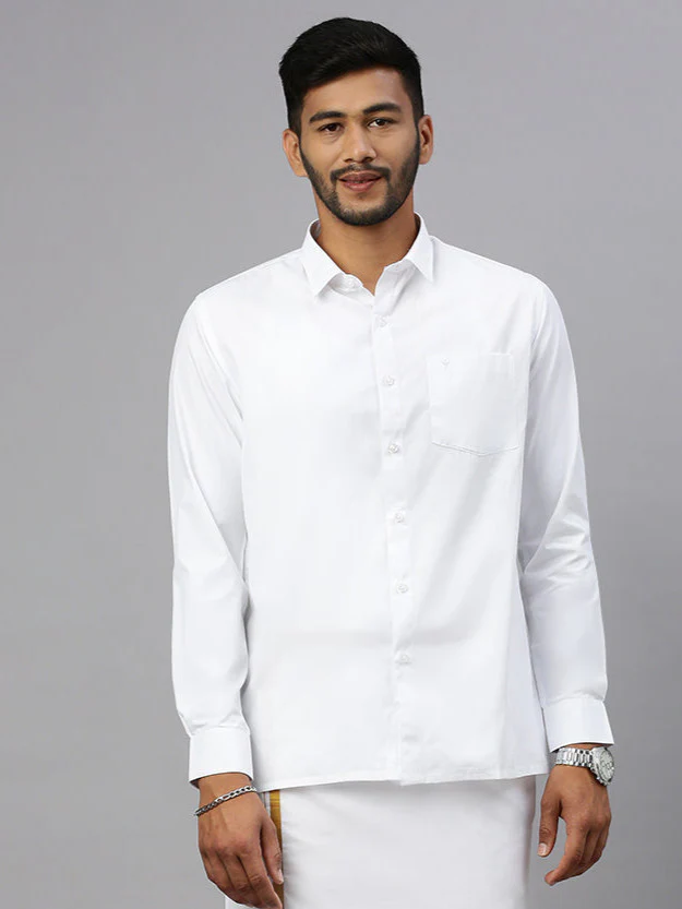 Men White Full Sleeves Shirt with 3/4'' inch  Gold Jari Double Layer Dhoti Combo - Image 4