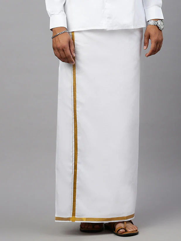 Men White Full Sleeves Shirt with 3/4'' inch  Gold Jari Double Layer Dhoti Combo - Image 5