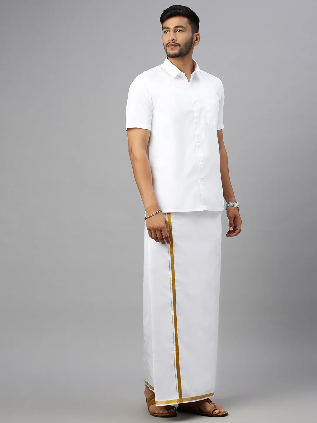 Men White Half Sleeves Shirt with Readymade Single Layer Dhoti Combo - Image 3