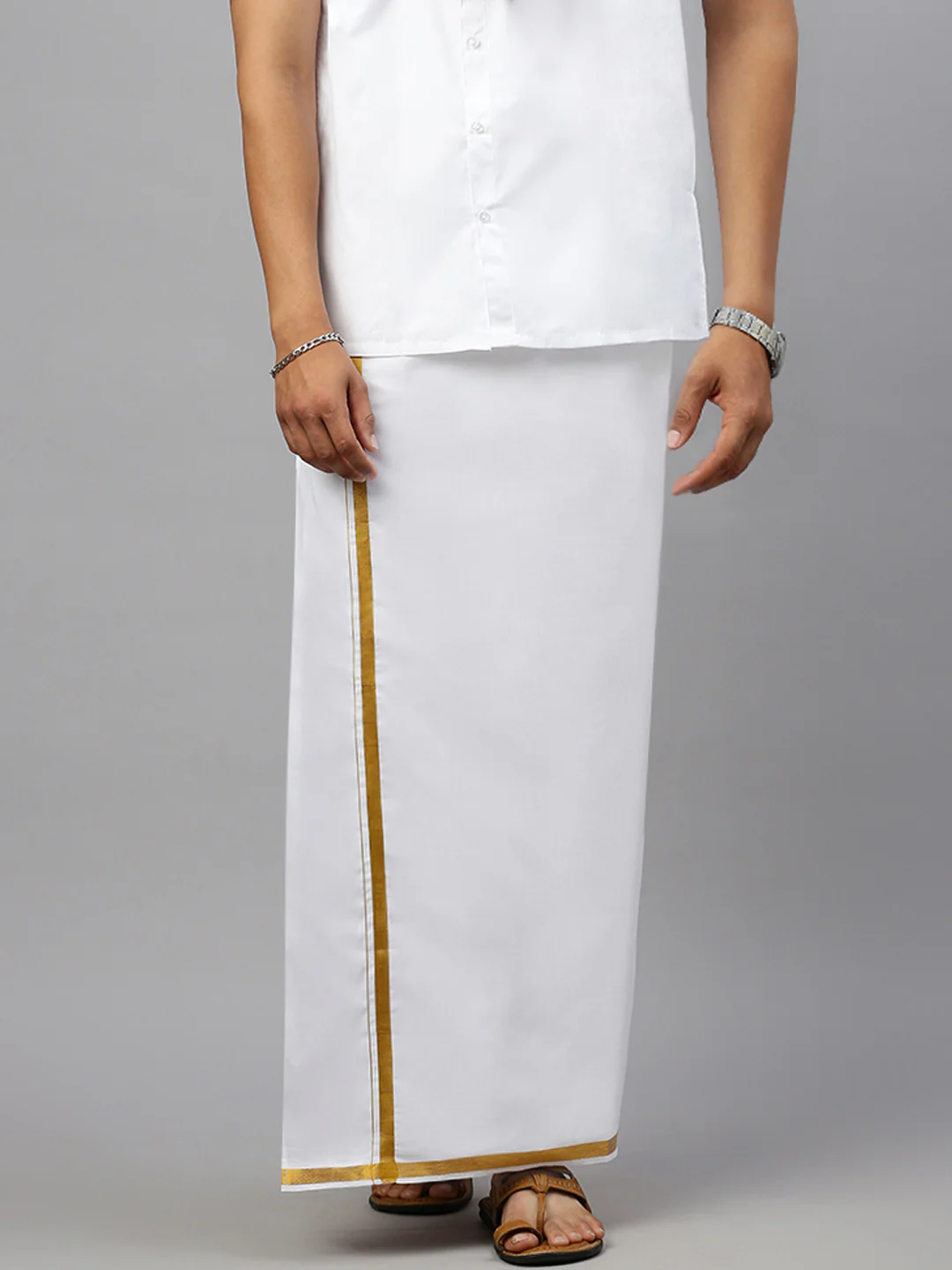 Men White Half Sleeves Shirt with Readymade Single Layer Dhoti Combo - Image 4