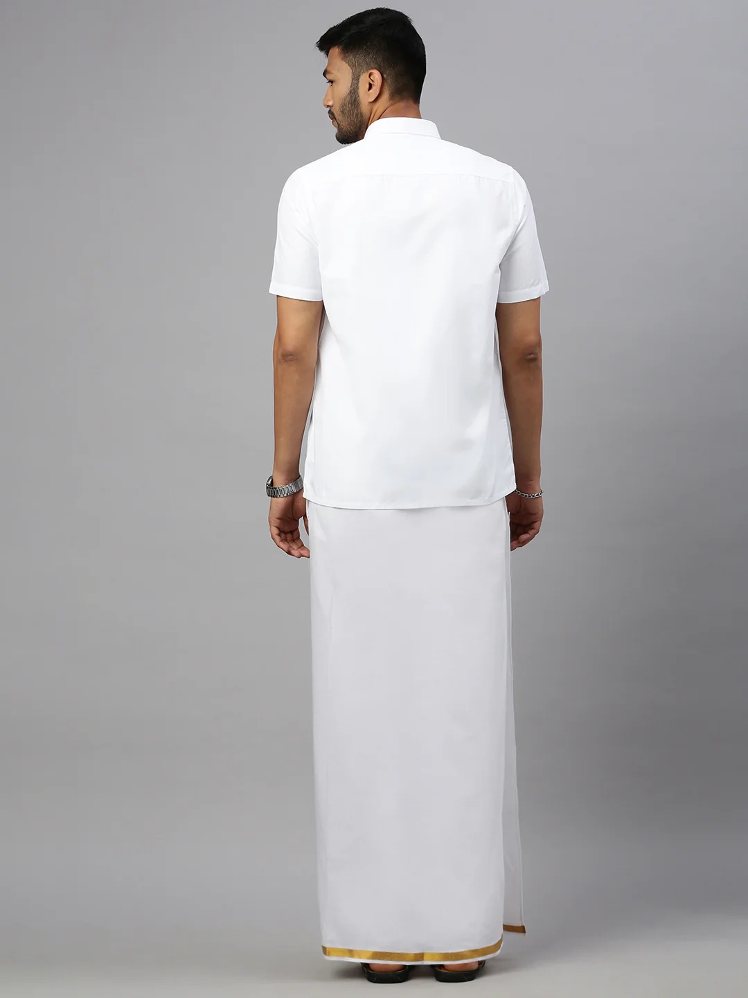 Men White Half Sleeves Shirt with Readymade Single Layer Dhoti Combo - Image 5