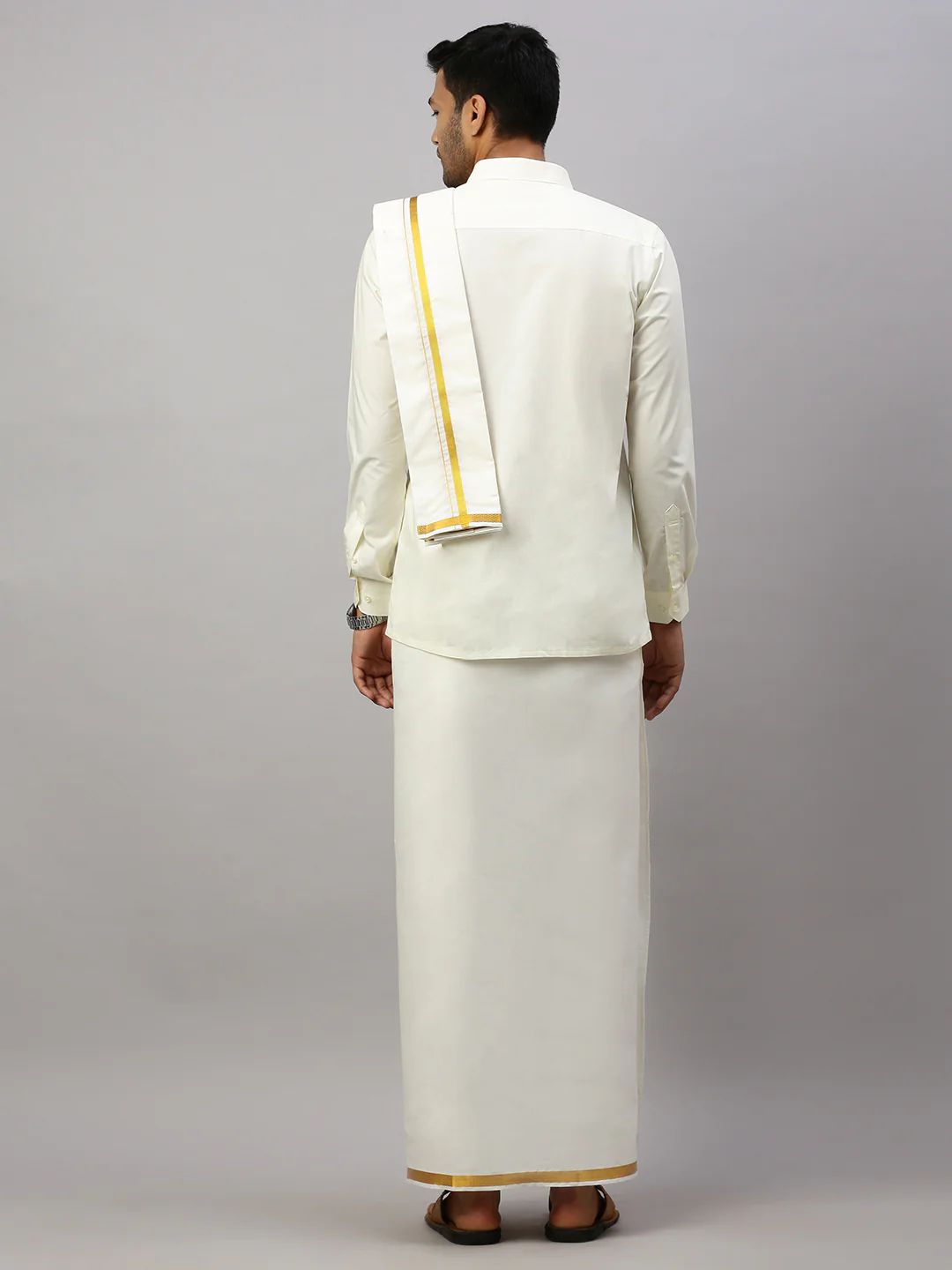 Men White Shirt with 1/2" inch Gold Jari Border Single Layer Dhoti Towel & Belt Combo - Image 3