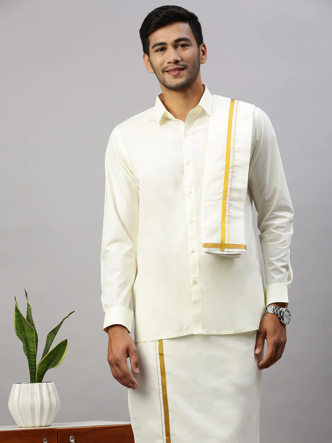 Men White Shirt with 1/2" inch Gold Jari Border Single Layer Dhoti Towel & Belt Combo - Image 4