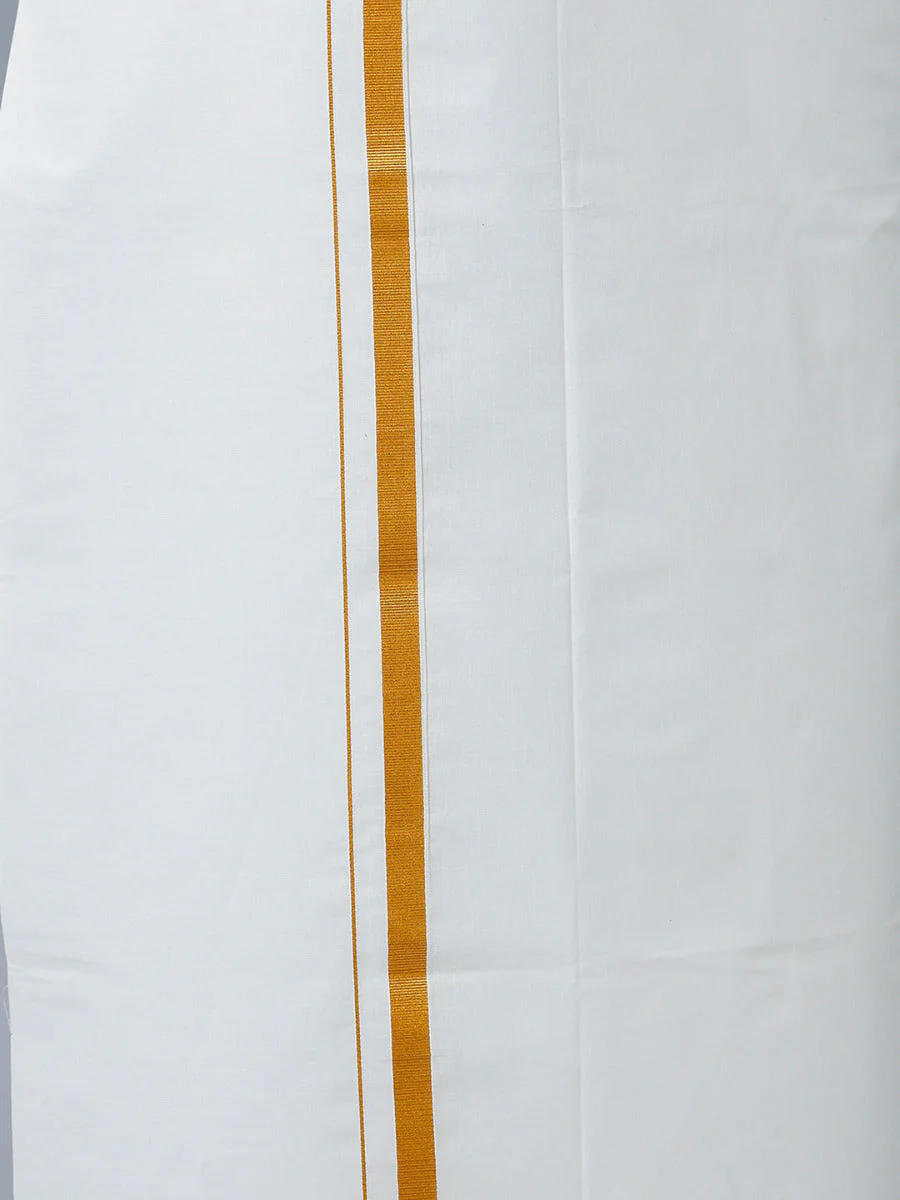 Men White Shirt with 1/2" inch Gold Jari Border Single Layer Dhoti Towel & Belt Combo - Image 5