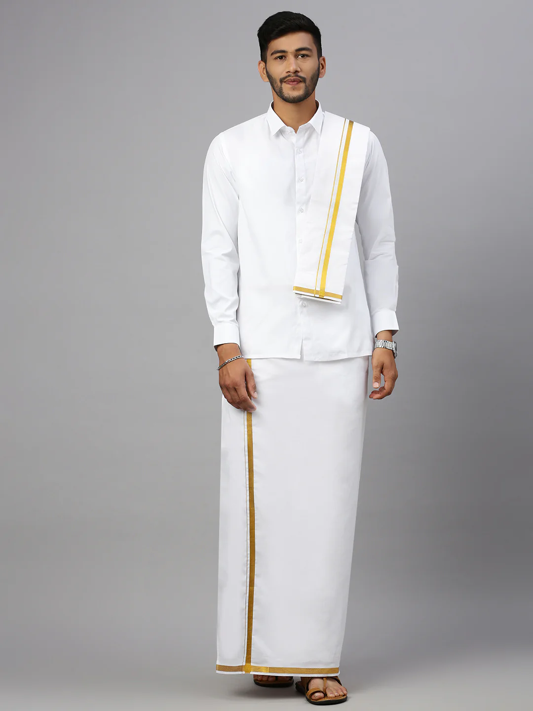 Men White Shirt with 1/2" inch Gold Jari Border Single Layer Dhoti Towel & Belt Combo - Image 2