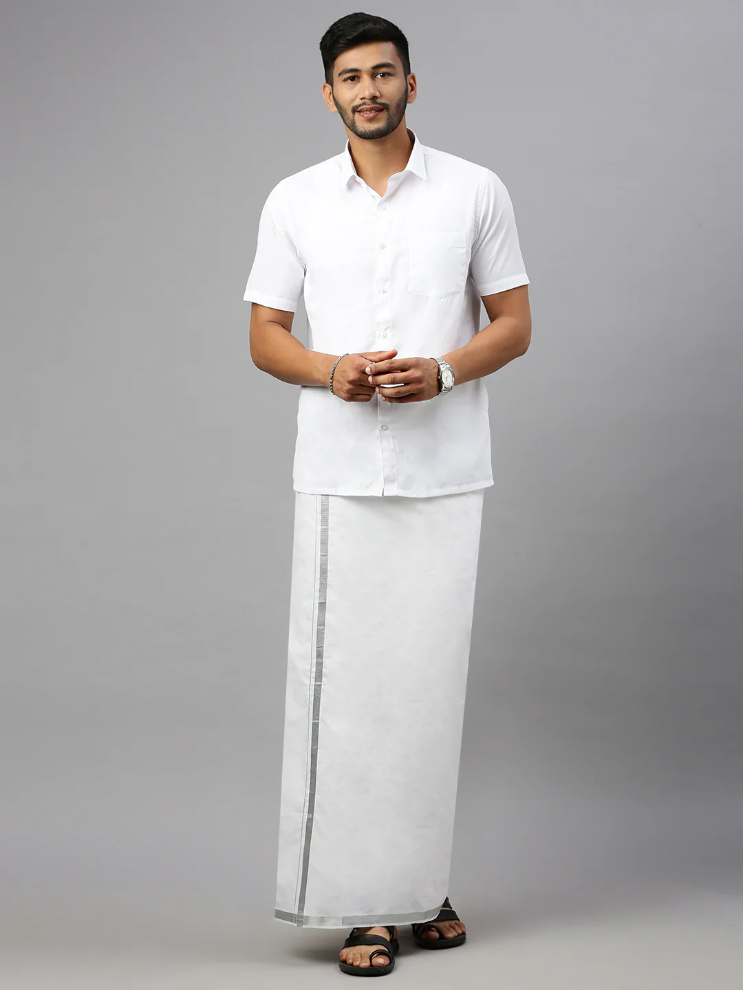 Men White Shirt with 3/4" inch Silver Jari Border Single Layer Dhoti Combo Silvertone