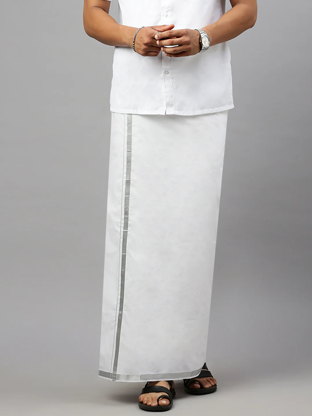 Men White Shirt with 3/4" inch Silver Jari Border Single Layer Dhoti Combo Silvertone - Image 4