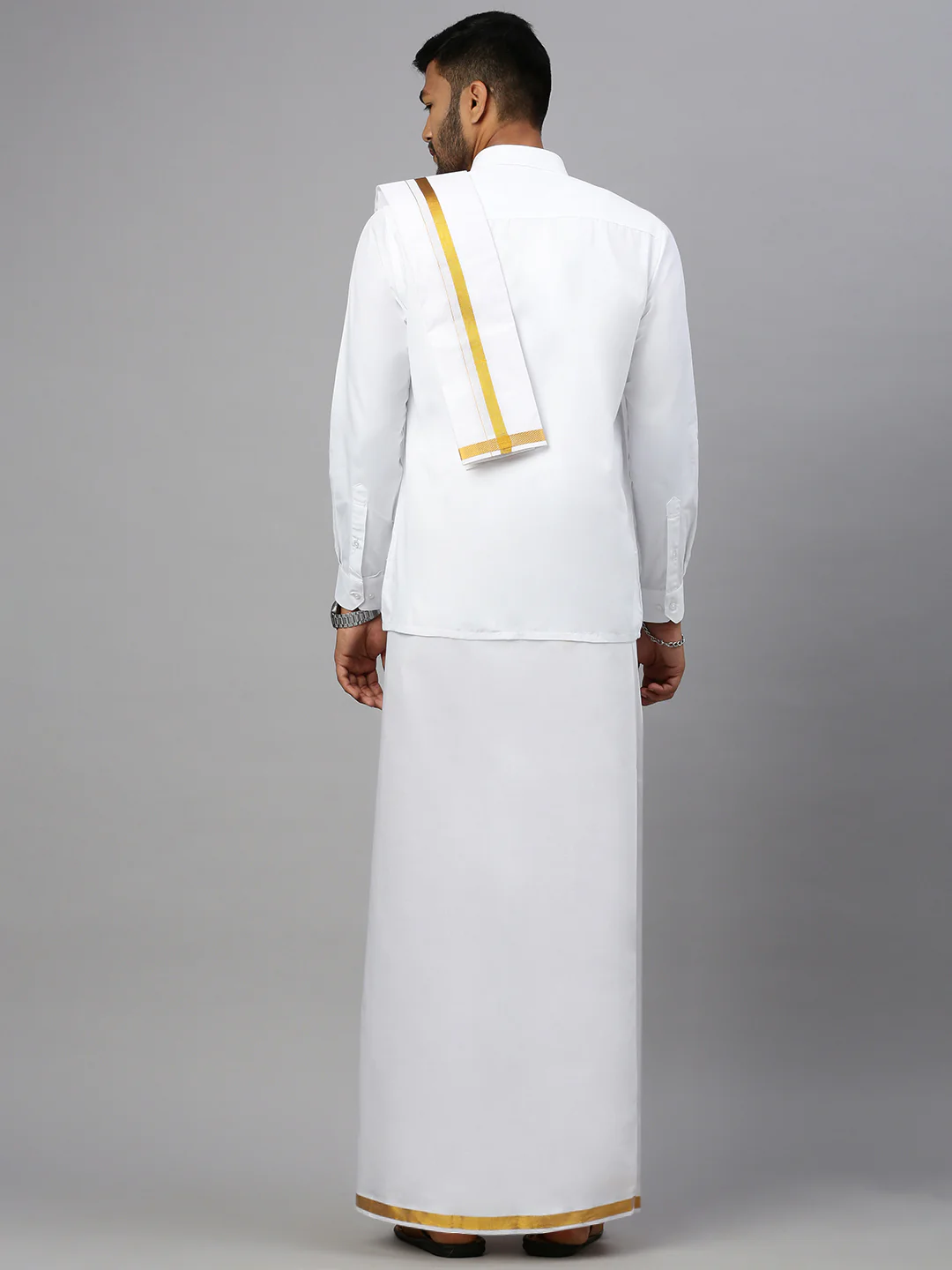 Men White Shirt with 3/4" Gold Jari Border Double Layer Dhoti & Towel Combo - Image 4