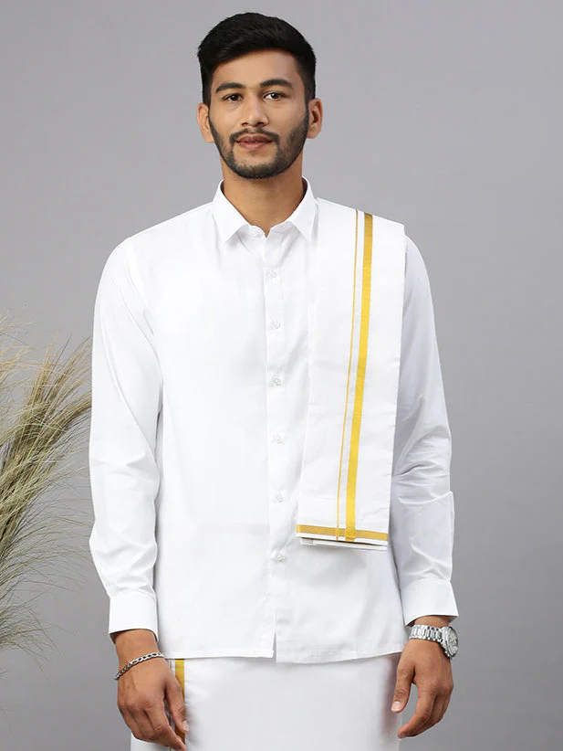 Men White Shirt with 3/4" inch Gold Jari Border Single Layer Dhoti Towel & Belt Combo - Image 4