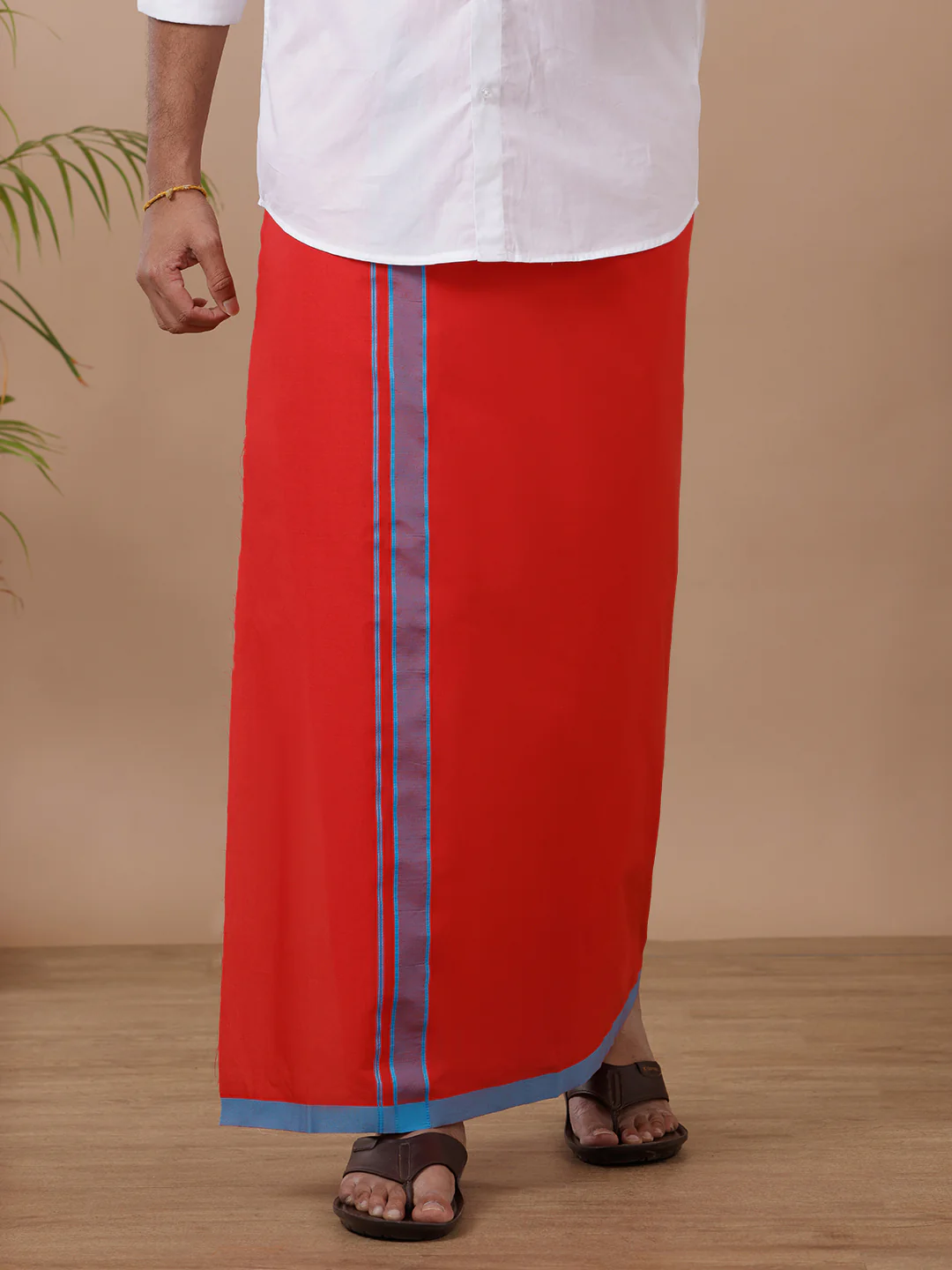 Men White Shirt with Single Layer Red Dhoti Combo - Image 4