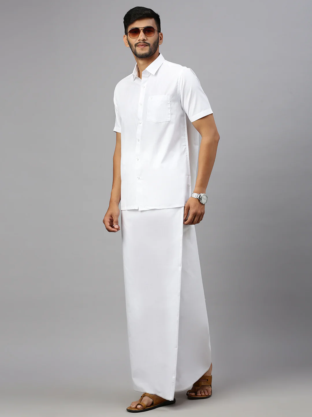 Men White Shirt with Single Layer Stitched Prayer Dhoti Combo - Image 2