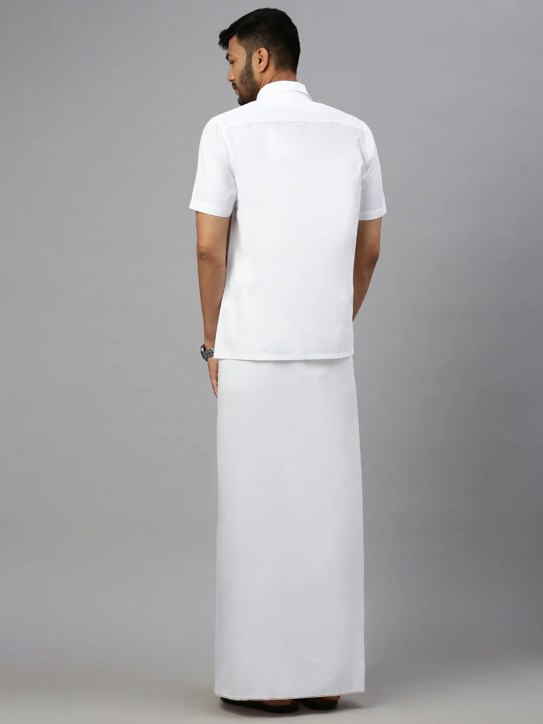 Men White Shirt with Single Layer Stitched Prayer Dhoti Combo - Image 3