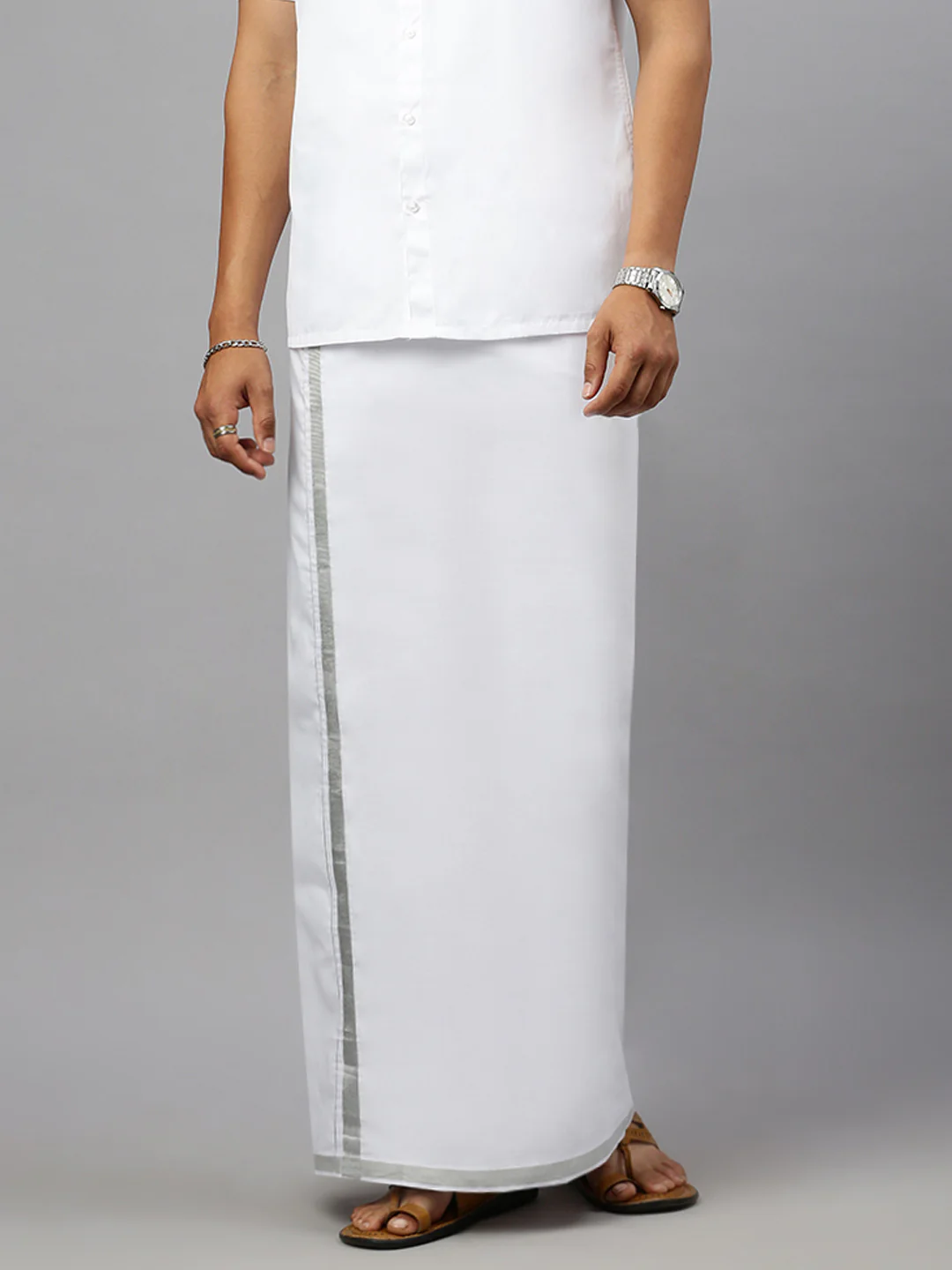 Men White Shirting with 1/2" inch Silver Jari Border Single Layer Dhoti Noble - Image 3