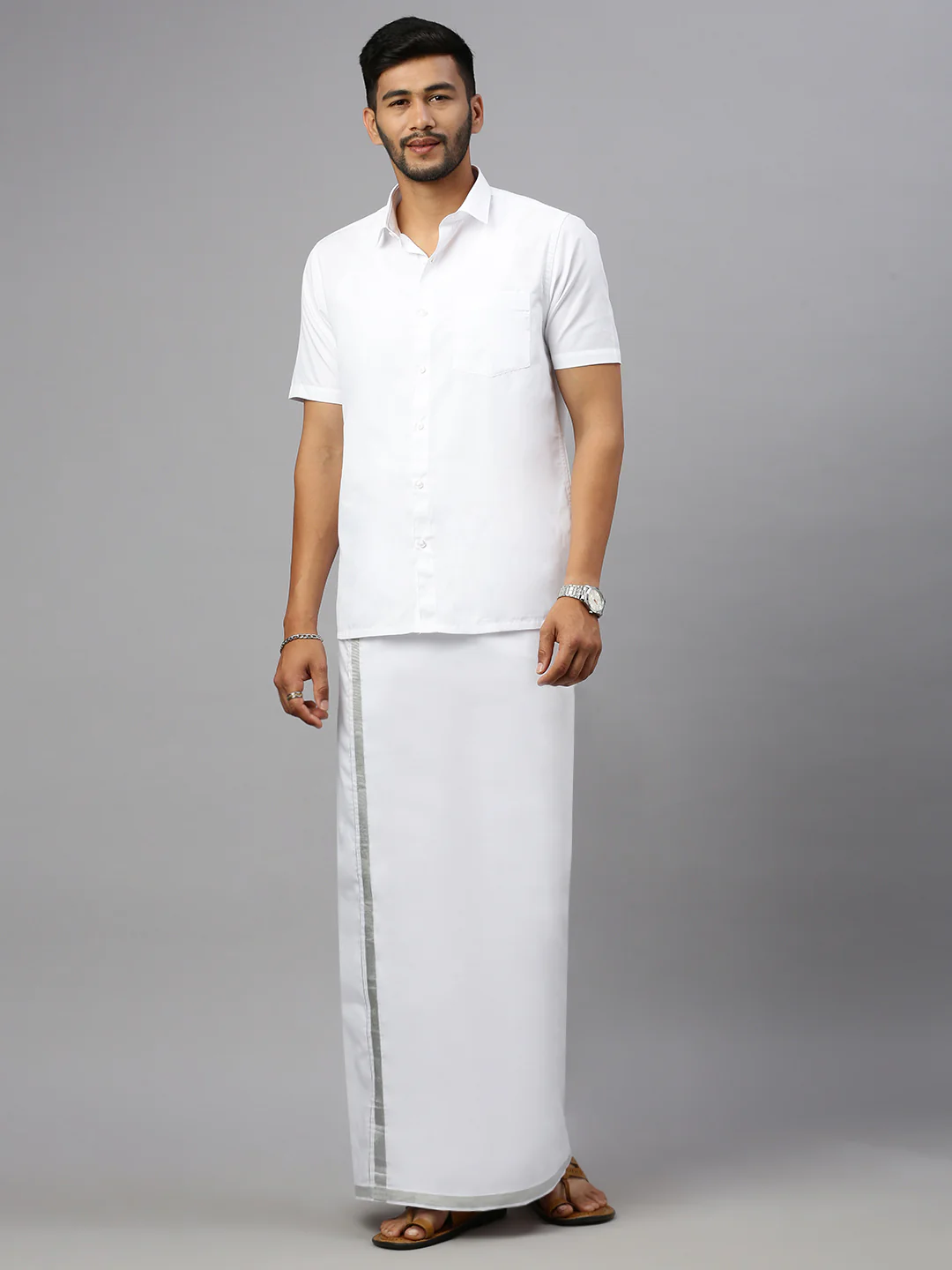 Men White Shirting with 3/4" inch Silver Jari Border Single Layer Dhoti Noble - Image 2