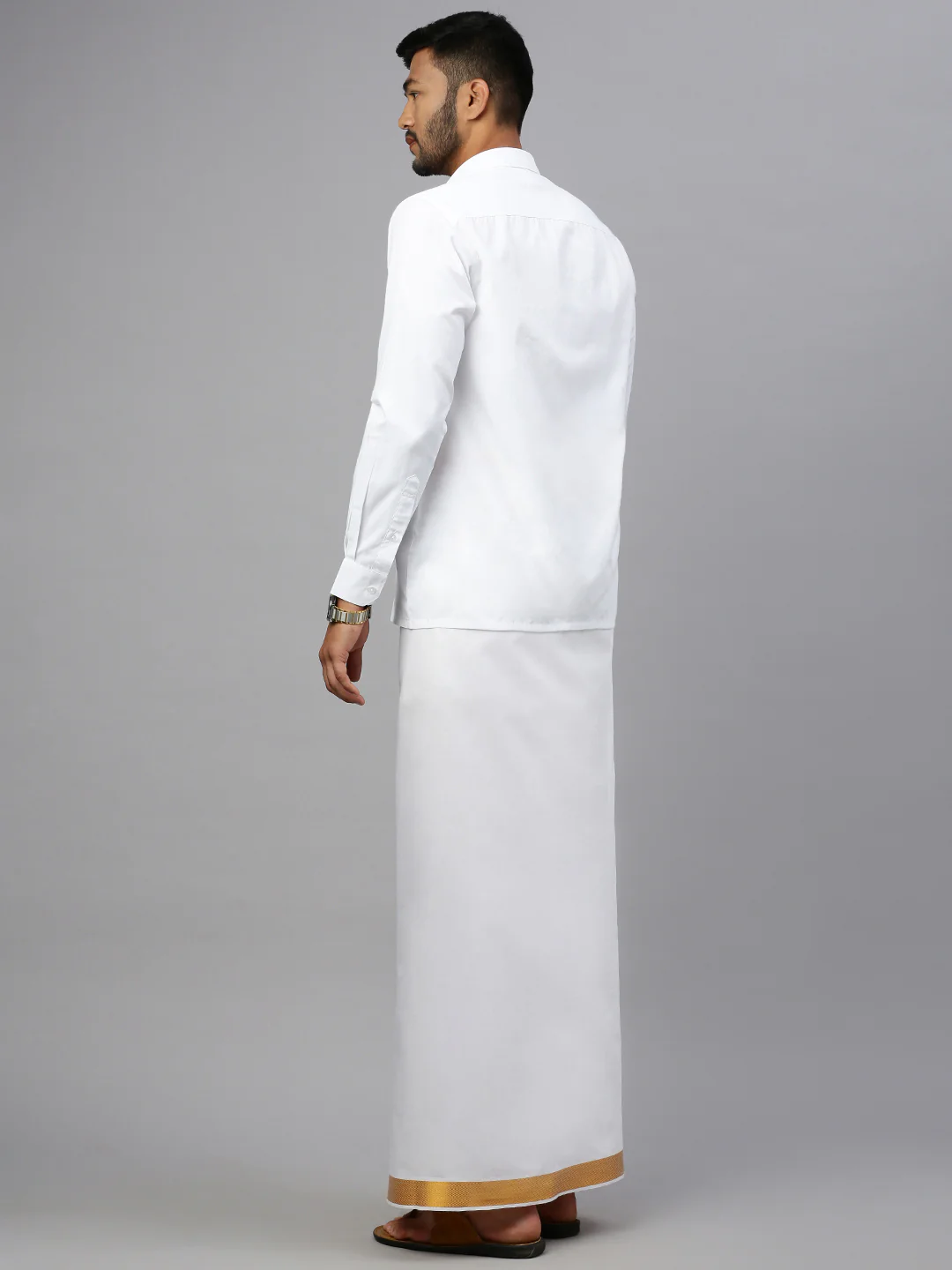 Men White with 1 1/2" inch Gold Jari Border Dhoti Shirting & Towel Set - Image 3