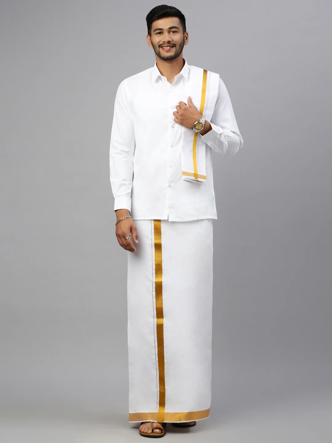 Men White with 1 1/2" inch Gold Jari Border Dhoti Shirting & Towel Set - Image 4