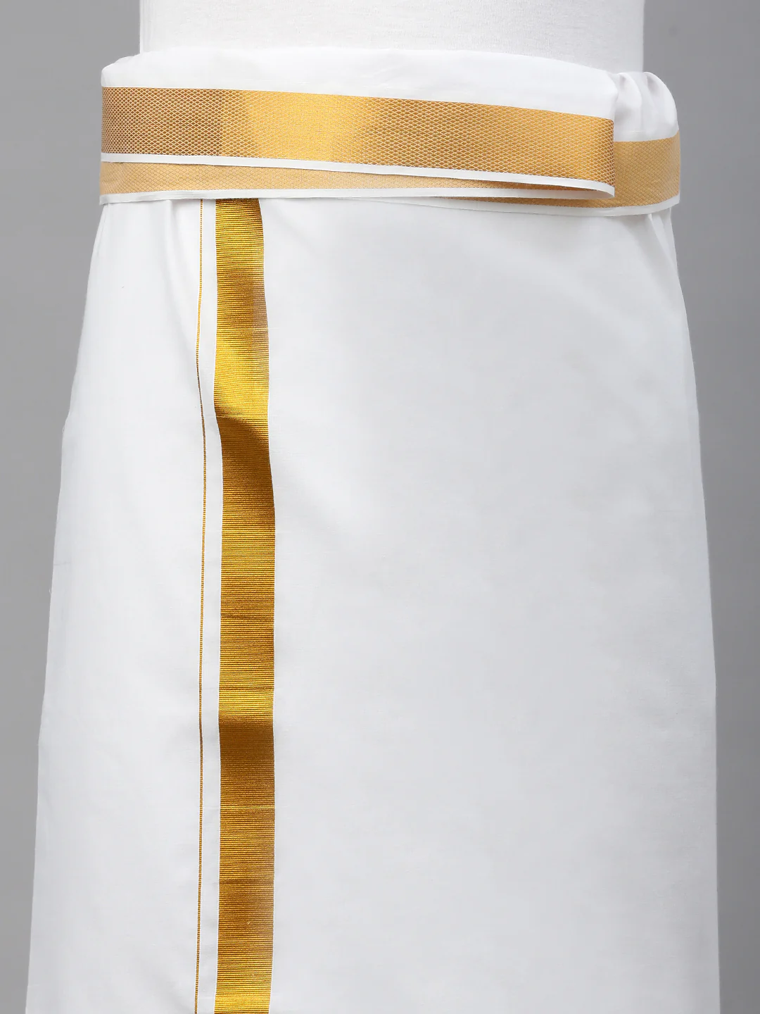 Men White with 1 1/2" inch Gold Jari Border Dhoti Shirting & Towel Set - Image 5