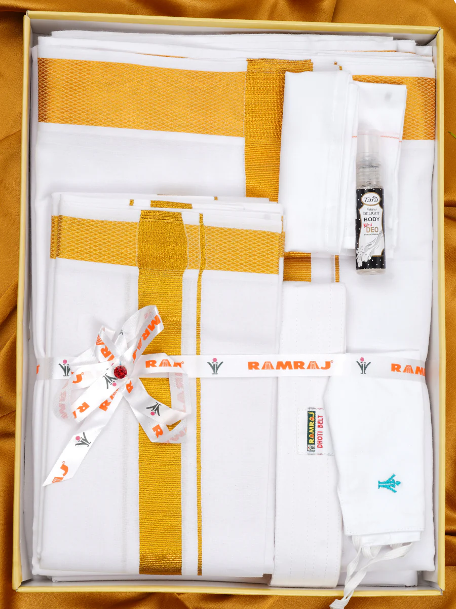 Men White with 1 1/2" inch Gold Jari Border Dhoti Shirting & Towel Set - Image 6