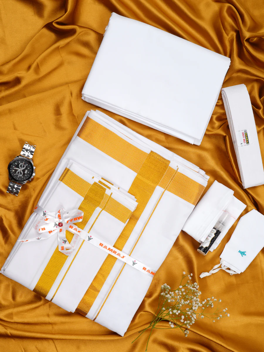 Men White with 1 1/2" inch Gold Jari Border Dhoti Shirting & Towel Set - Image 7