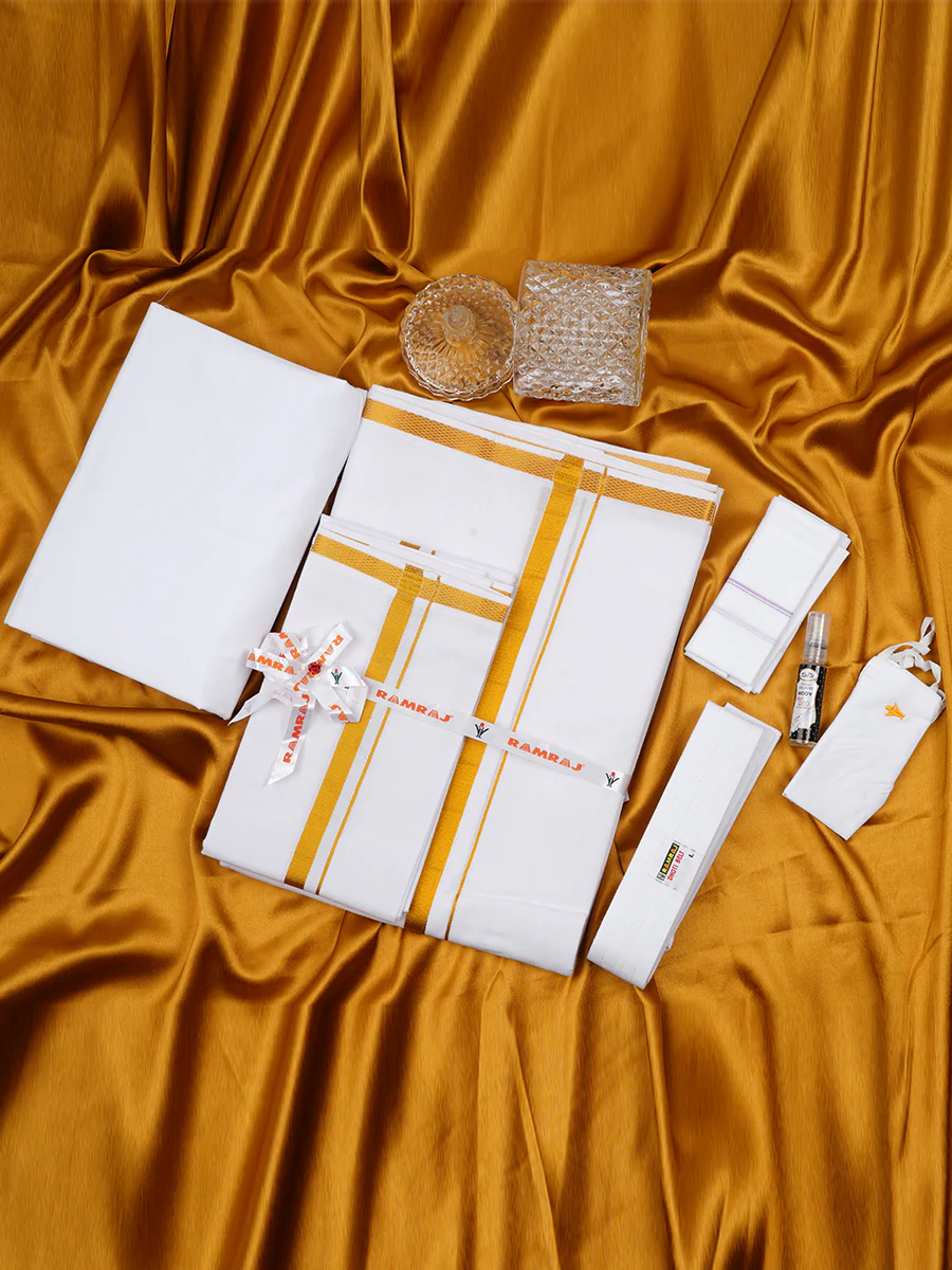 Men White with 1/2" inch Gold Jari Border Dhoti Shirting & Towel Set - Image 2