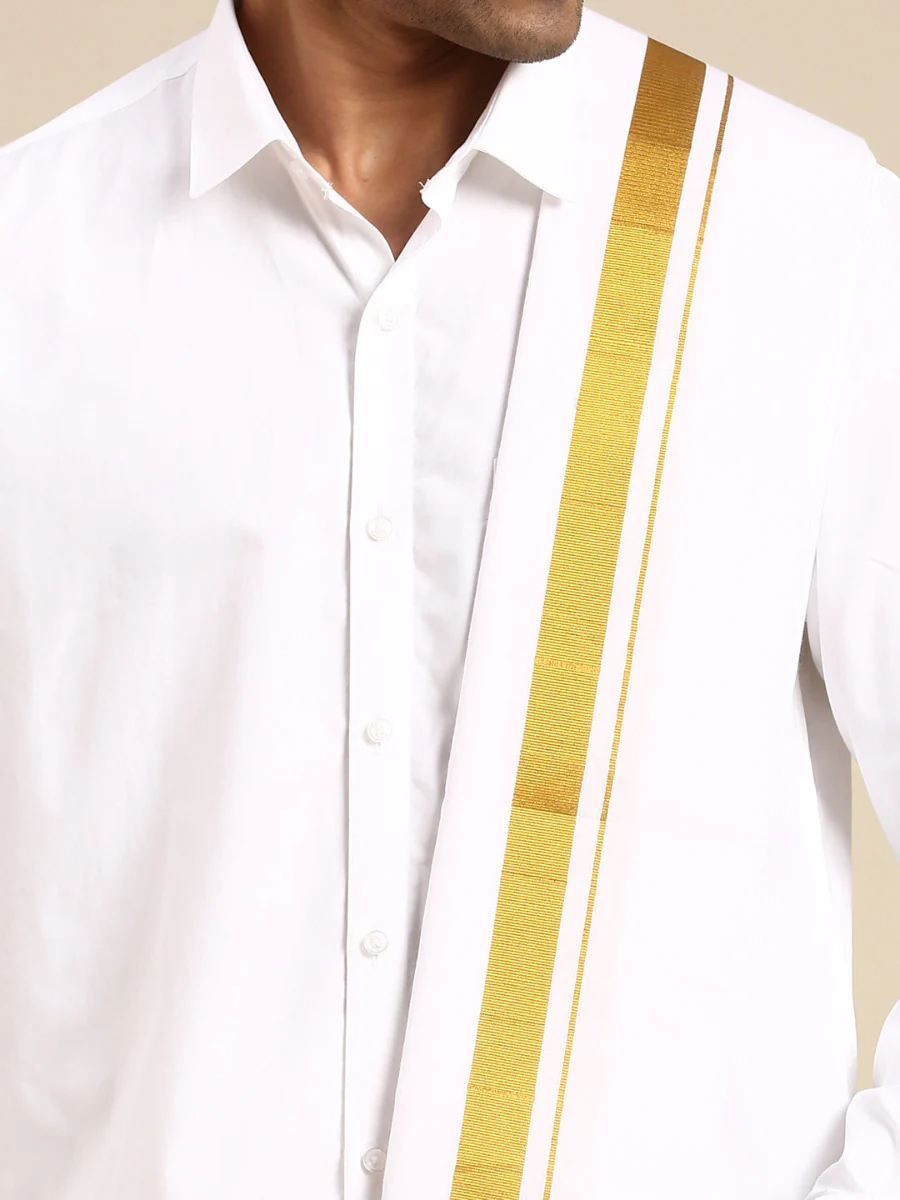 Men White with 1" inch Jari Gold Border Dhoti Shirt & Towel Set Subhakalyan - Image 4
