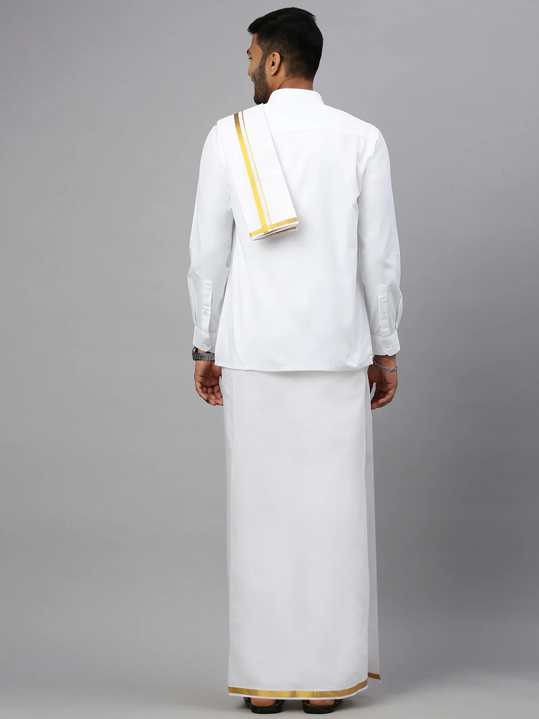 Men White with 3/4" Gold Jari Border Dhoti Shirt & Towel Set - Image 3
