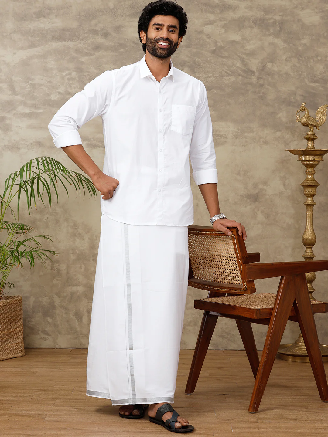 Men White With Silver Jari Border Readymade Adjustable Double Layer Dhoti 11498SIL - Image 2