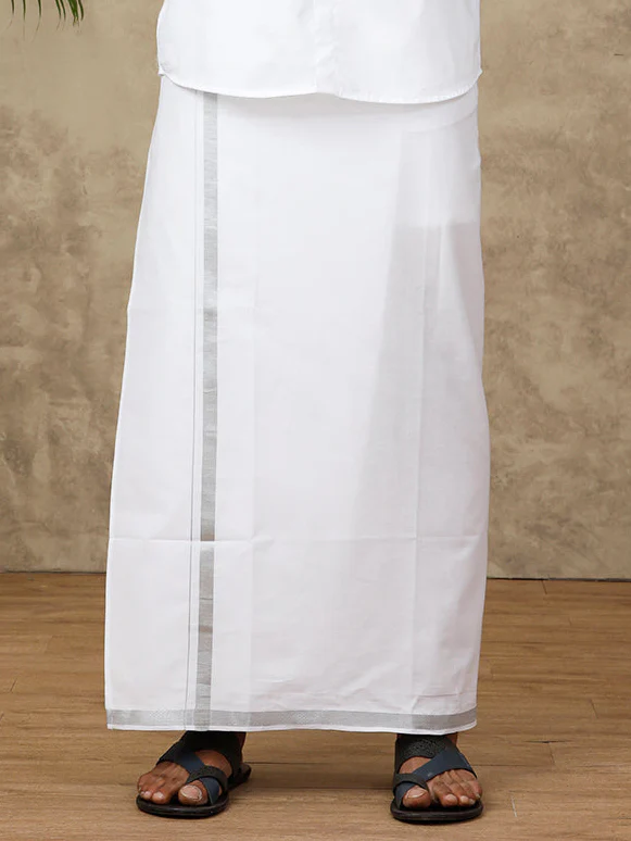 Men White With Silver Jari Border Readymade Adjustable Double Layer Dhoti 11498SIL - Image 3