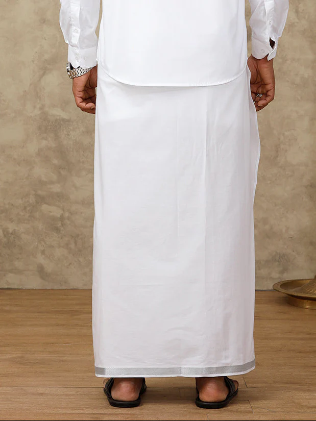 Men White With Silver Jari Border Readymade Adjustable Double Layer Dhoti 11498SIL - Image 4