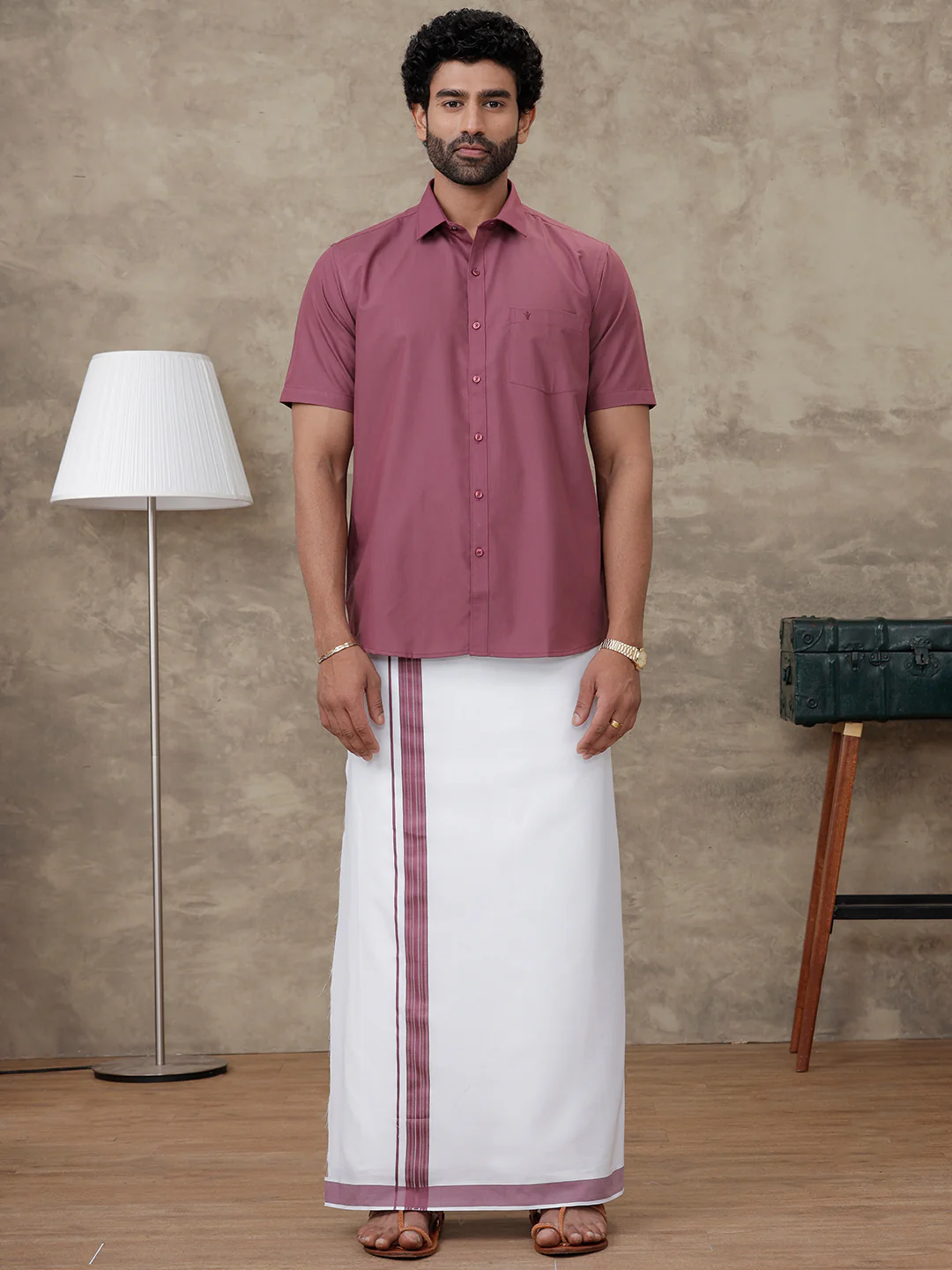 Men Wine Berry Shirt With Matching Border Dhoti Set Trendy - Image 2