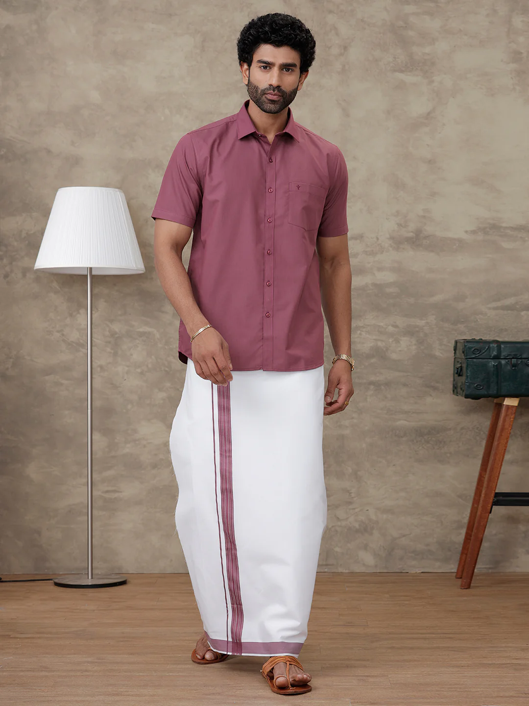 Men Wine Berry Shirt With Matching Border Dhoti Set Trendy - Image 3