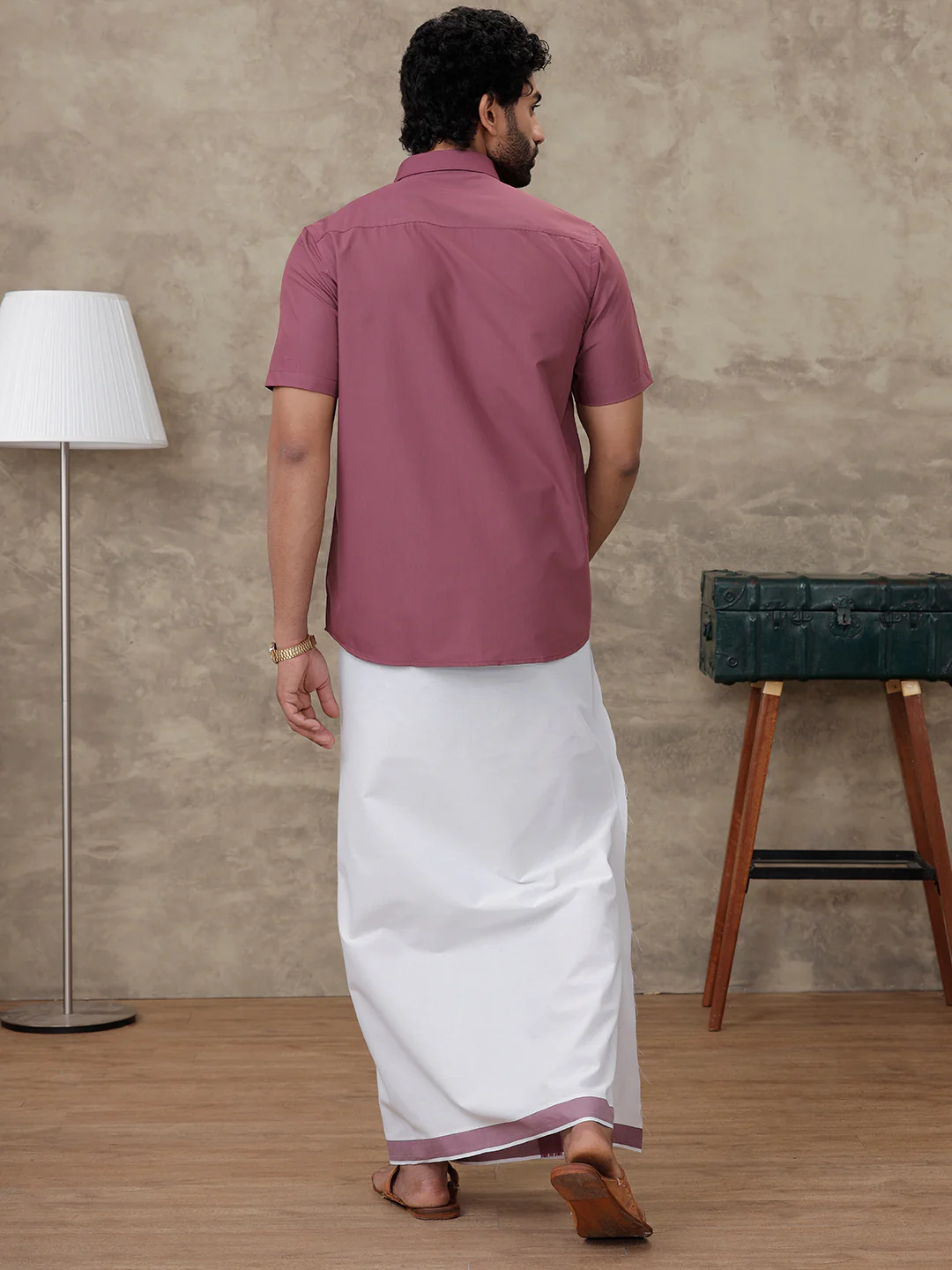 Men Wine Berry Shirt With Matching Border Dhoti Set Trendy - Image 5
