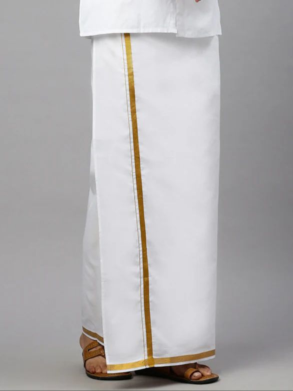 Men Wrinkle Free White Shirt with 3/4'' inch Gold Jari Border Double Layer Dhoti Combo - Image 3
