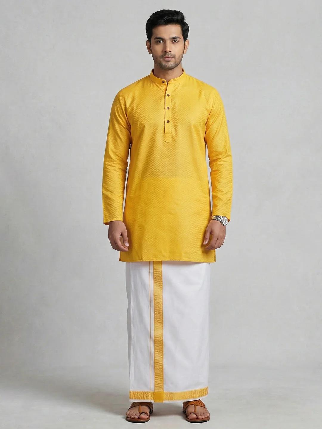 Men Yellow Medium Length Kurta with Matching Border Dhoti Set MHJ9 - Image 2