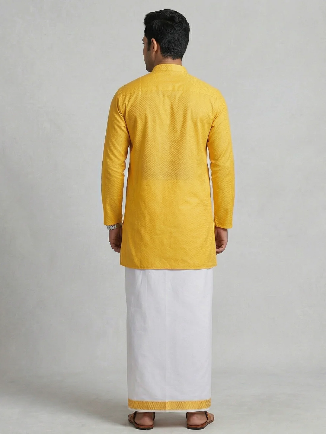 Men Yellow Medium Length Kurta with Matching Border Dhoti Set MHJ9 - Image 3