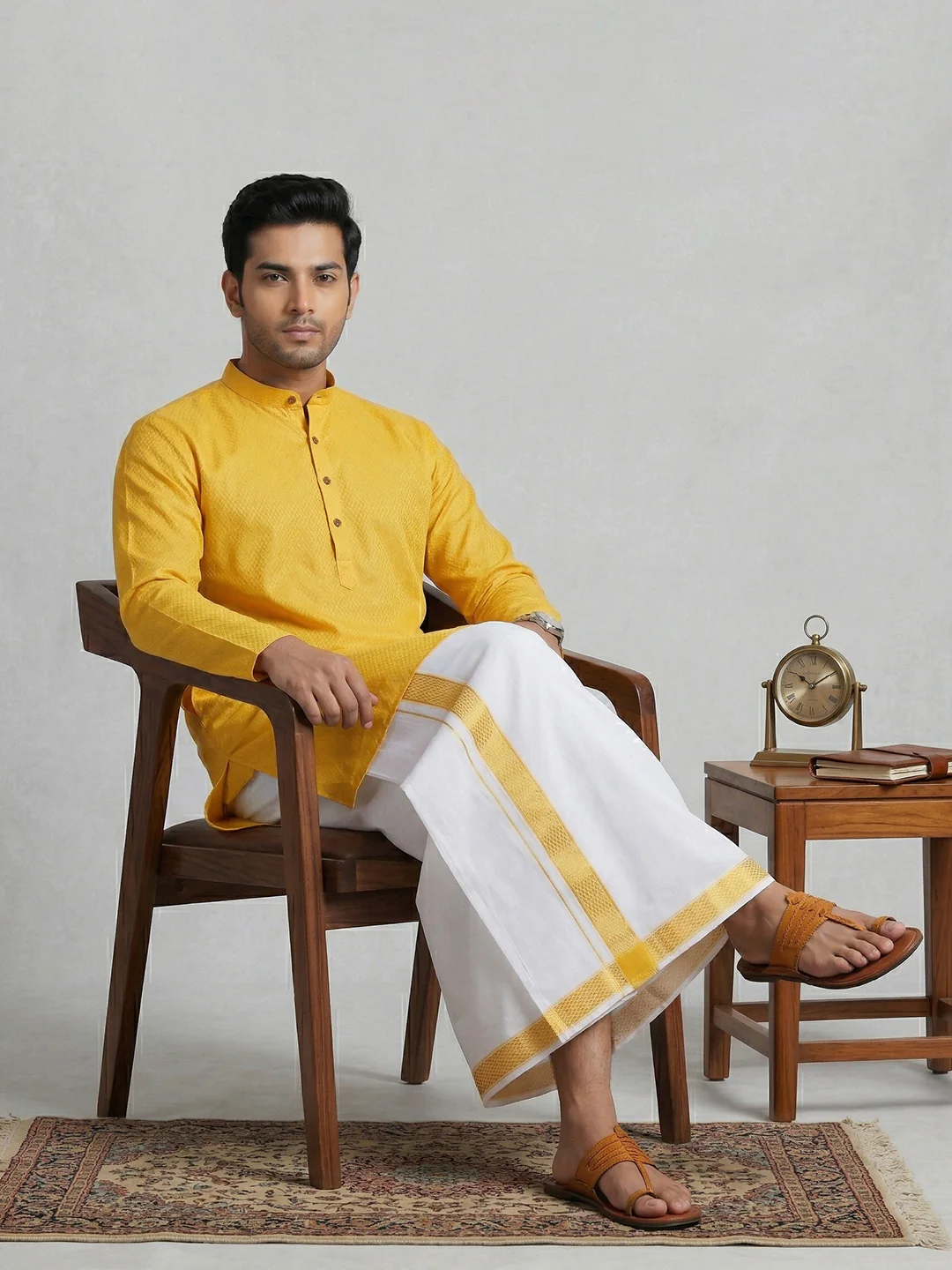 Men Yellow Medium Length Kurta with Matching Border Dhoti Set MHJ9 - Image 5