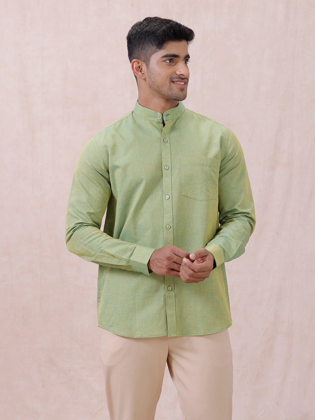 Men Yellowish Green Linen Cotton Chinese Collar Shirt LF9 - Image 3
