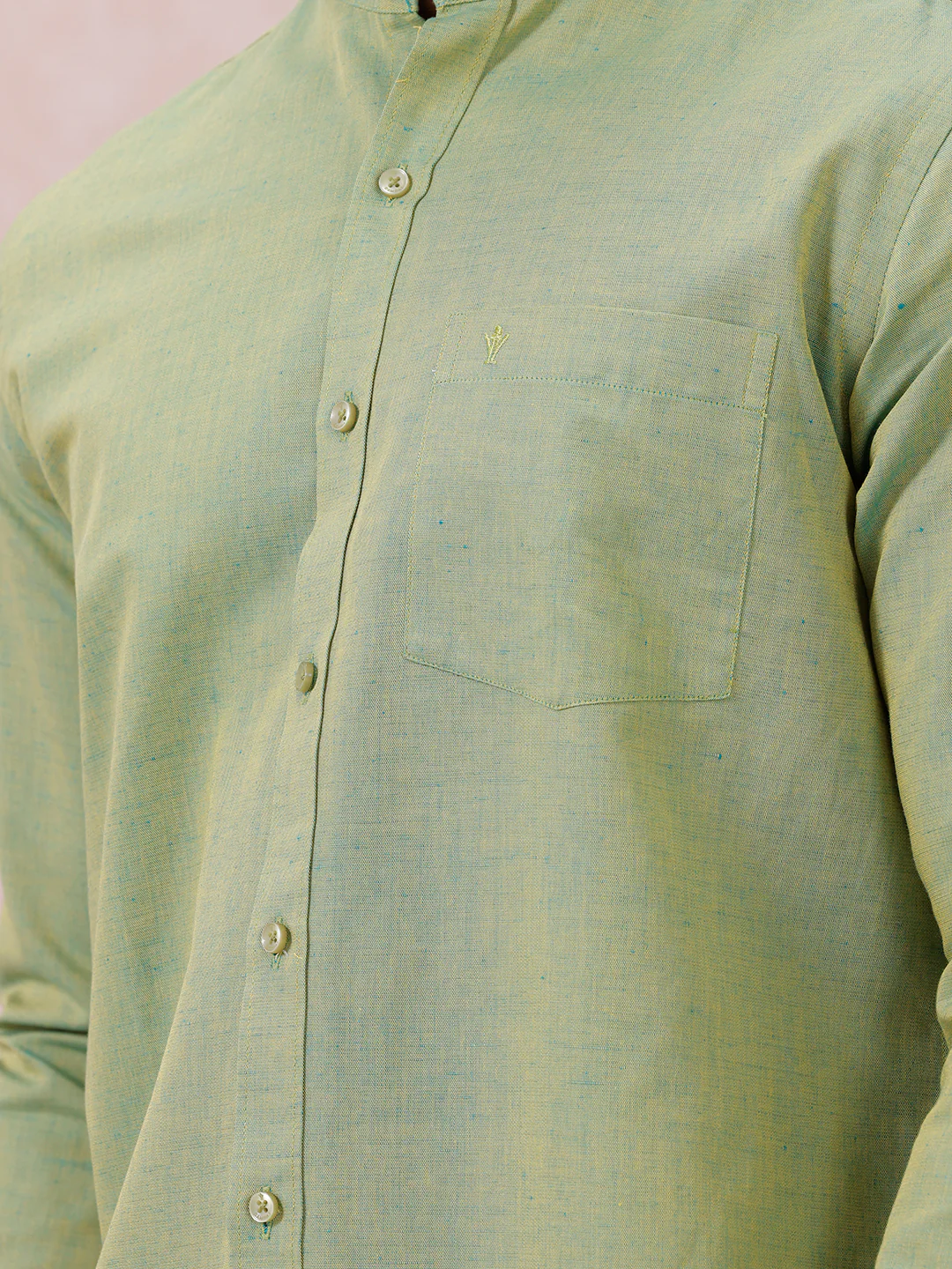 Men Yellowish Green Linen Cotton Chinese Collar Shirt LF9 - Image 4