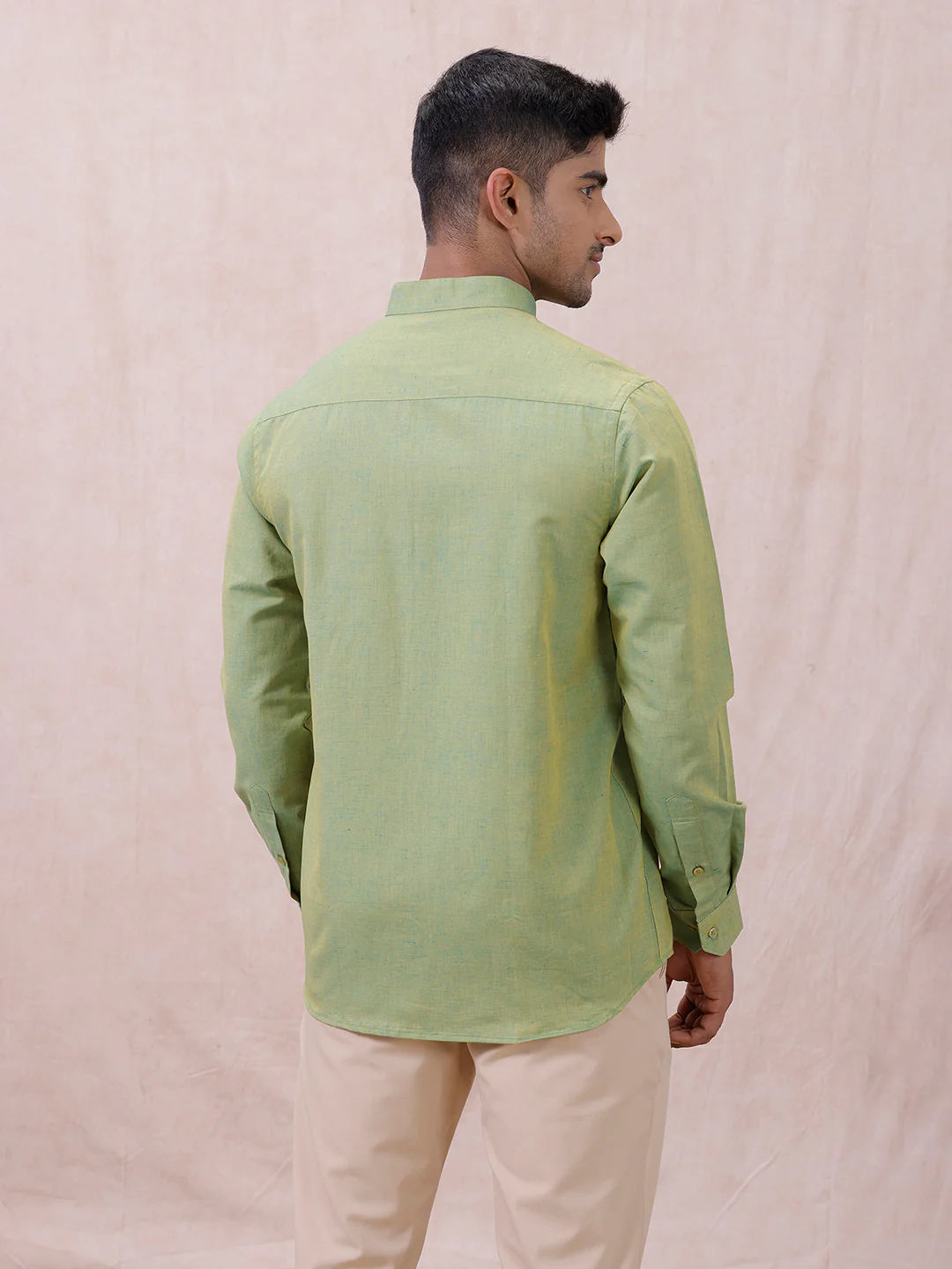 Men Yellowish Green Linen Cotton Chinese Collar Shirt LF9 - Image 5
