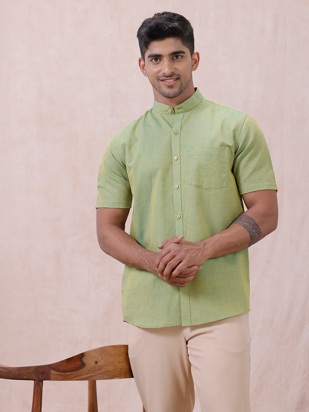 Men Yellowish Green Linen Cotton Chinese Collar Shirt LF9 - Image 6