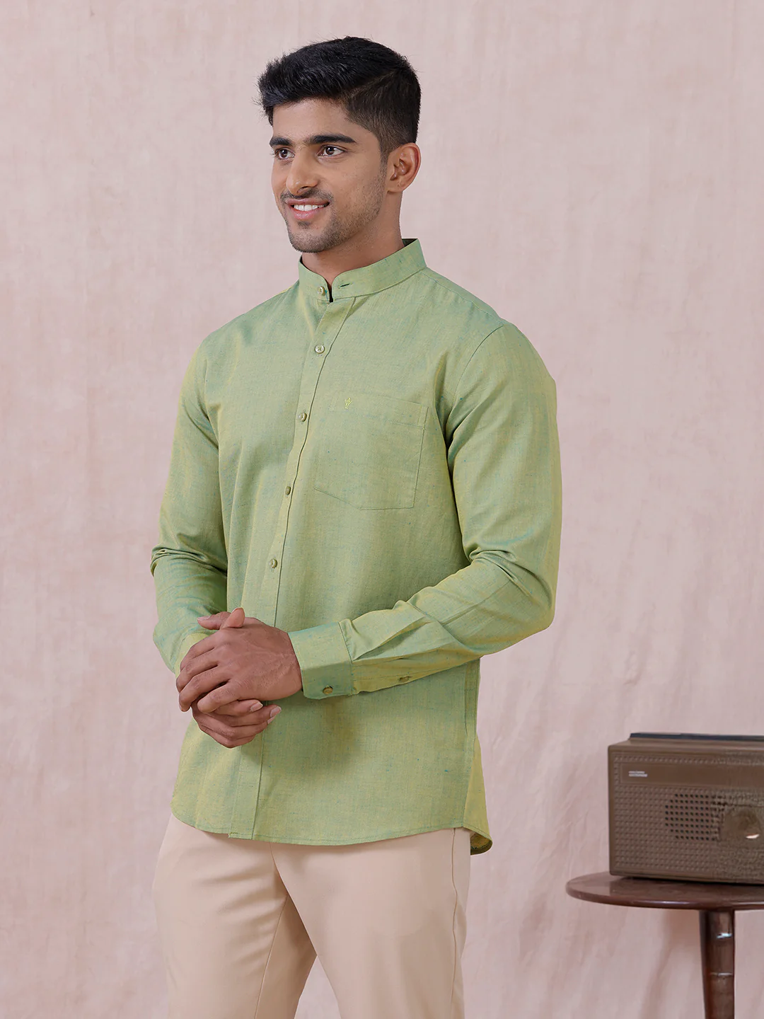 Men Yellowish Green Linen Cotton Chinese Collar Shirt LF9 - Image 7
