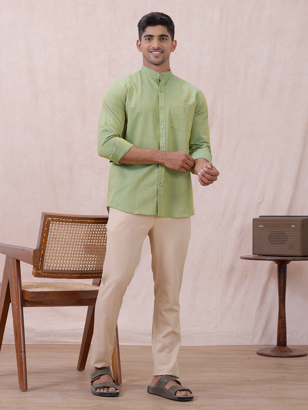 Men Yellowish Green Linen Cotton Chinese Collar Shirt LF9 - Image 8