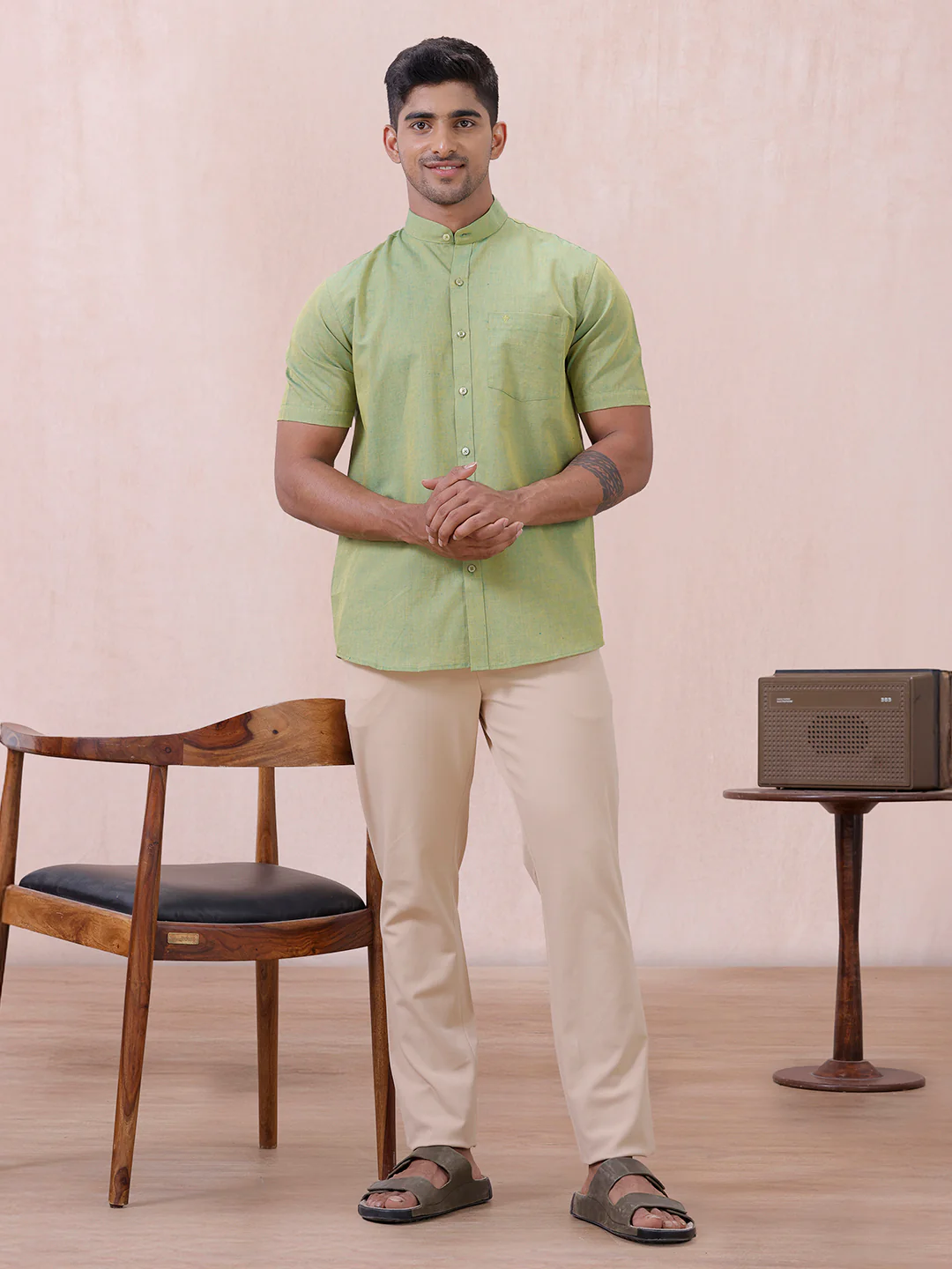Men Yellowish Green Linen Cotton Chinese Collar Shirt LF9 - Image 9