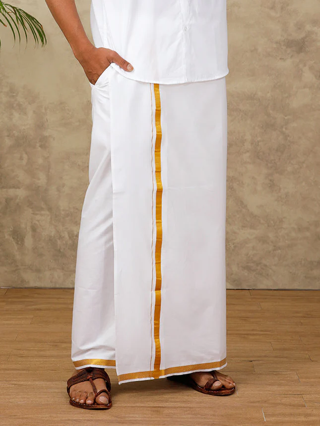 Mens Cotton Blend Readymade Dhoti with Jari Border (2M)