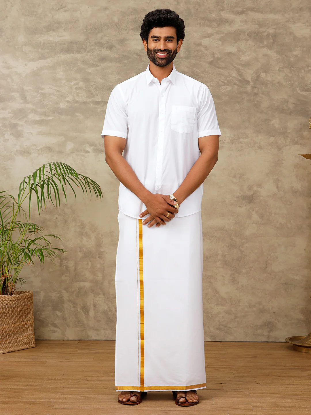 Mens Cotton Blend Readymade Dhoti with Jari Border (2M) - Image 2