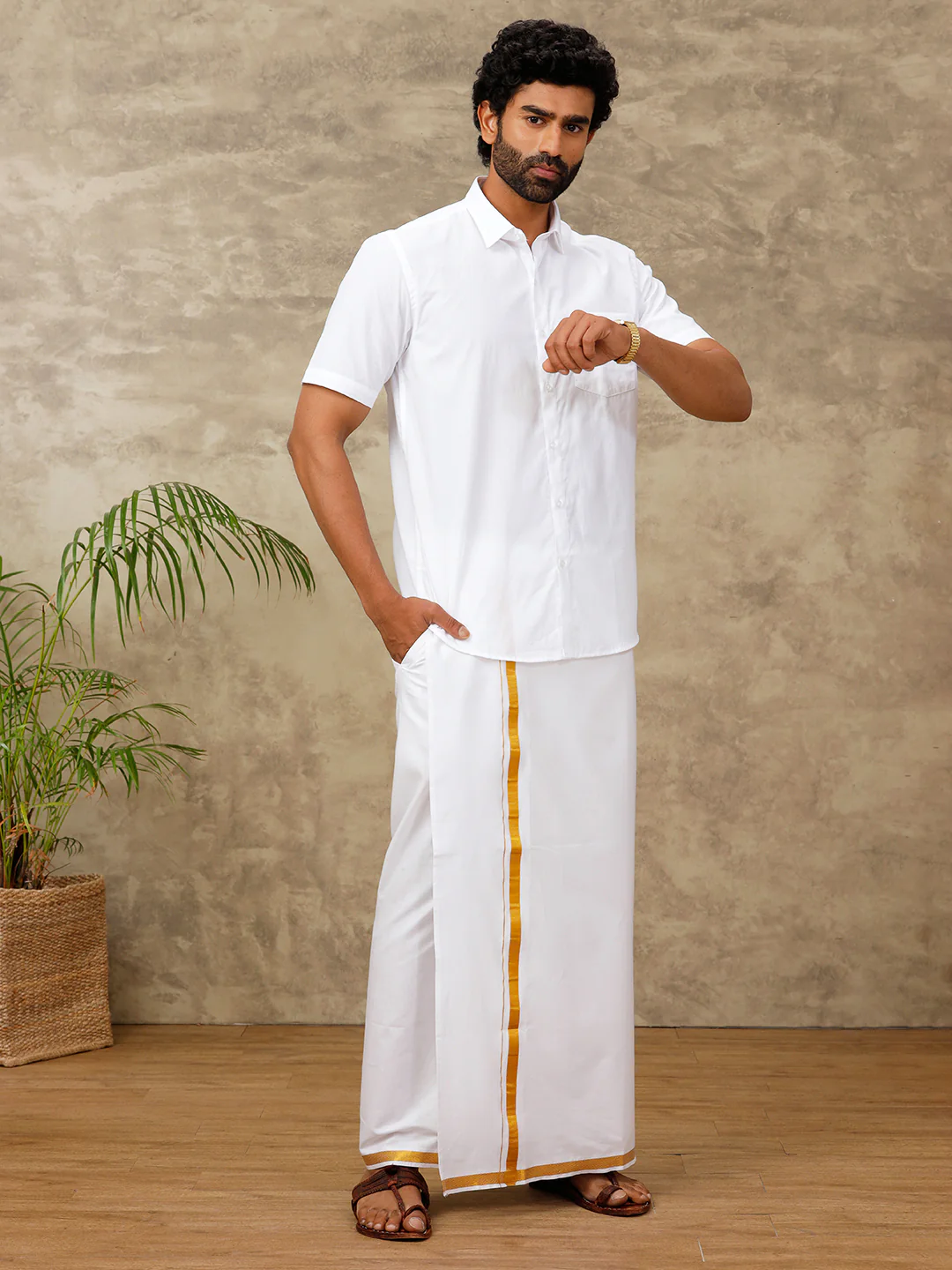 Mens Cotton Blend Readymade Dhoti with Jari Border (2M) - Image 3