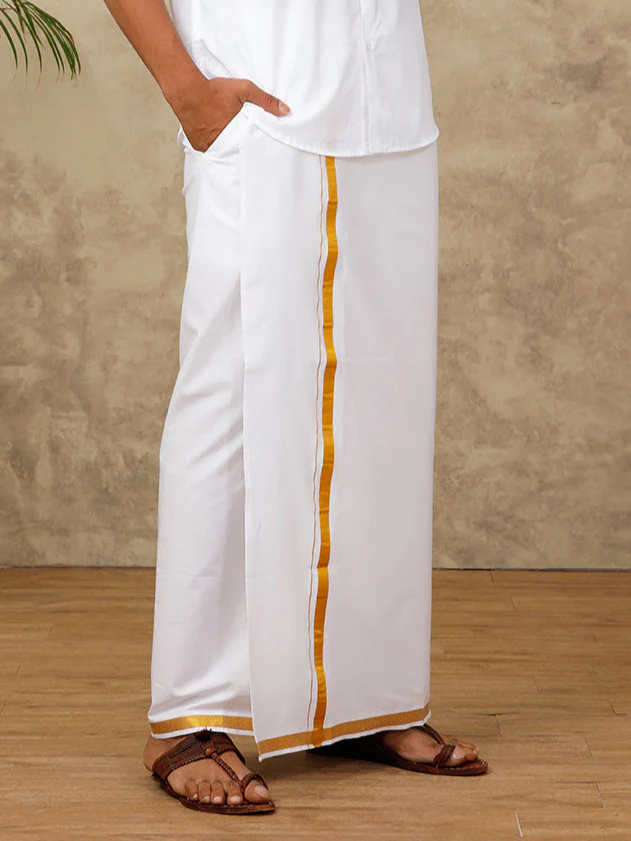 Mens Cotton Blend Readymade Dhoti with Jari Border (2M) - Image 4