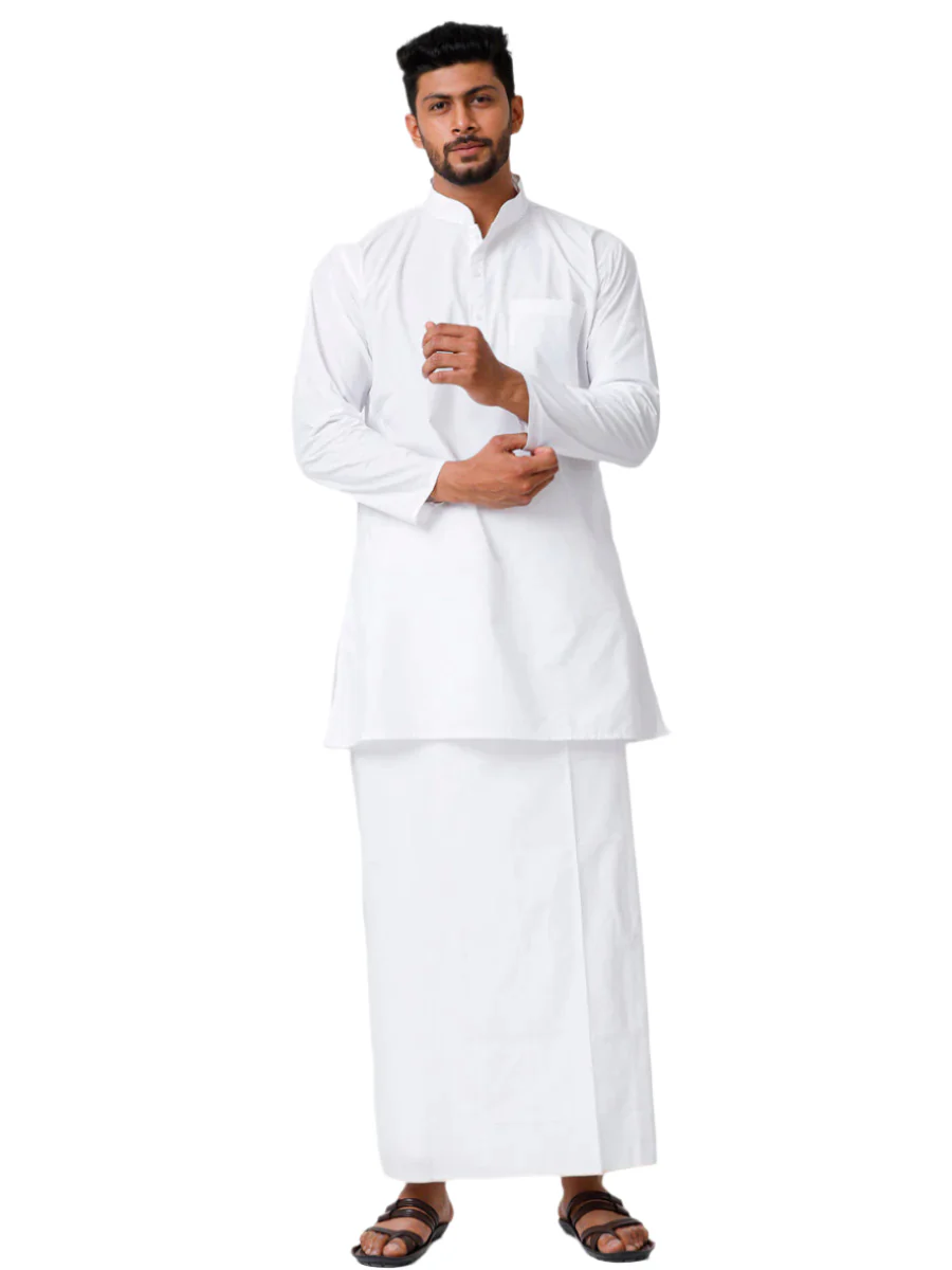 Mens Cotton Full Sleeve White Medium Kurta Top with Stitched Prayer Dhoti Combo Samraj